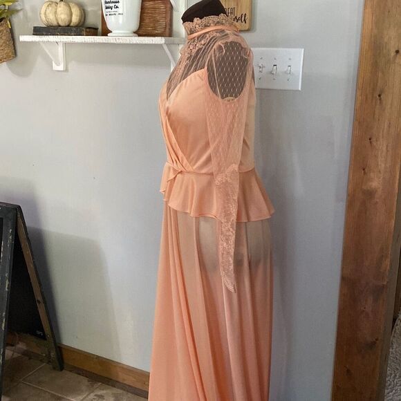 Vintage handmade maxi dress gown lace peach color costume wedding romantic appro - Picture 6 of 15